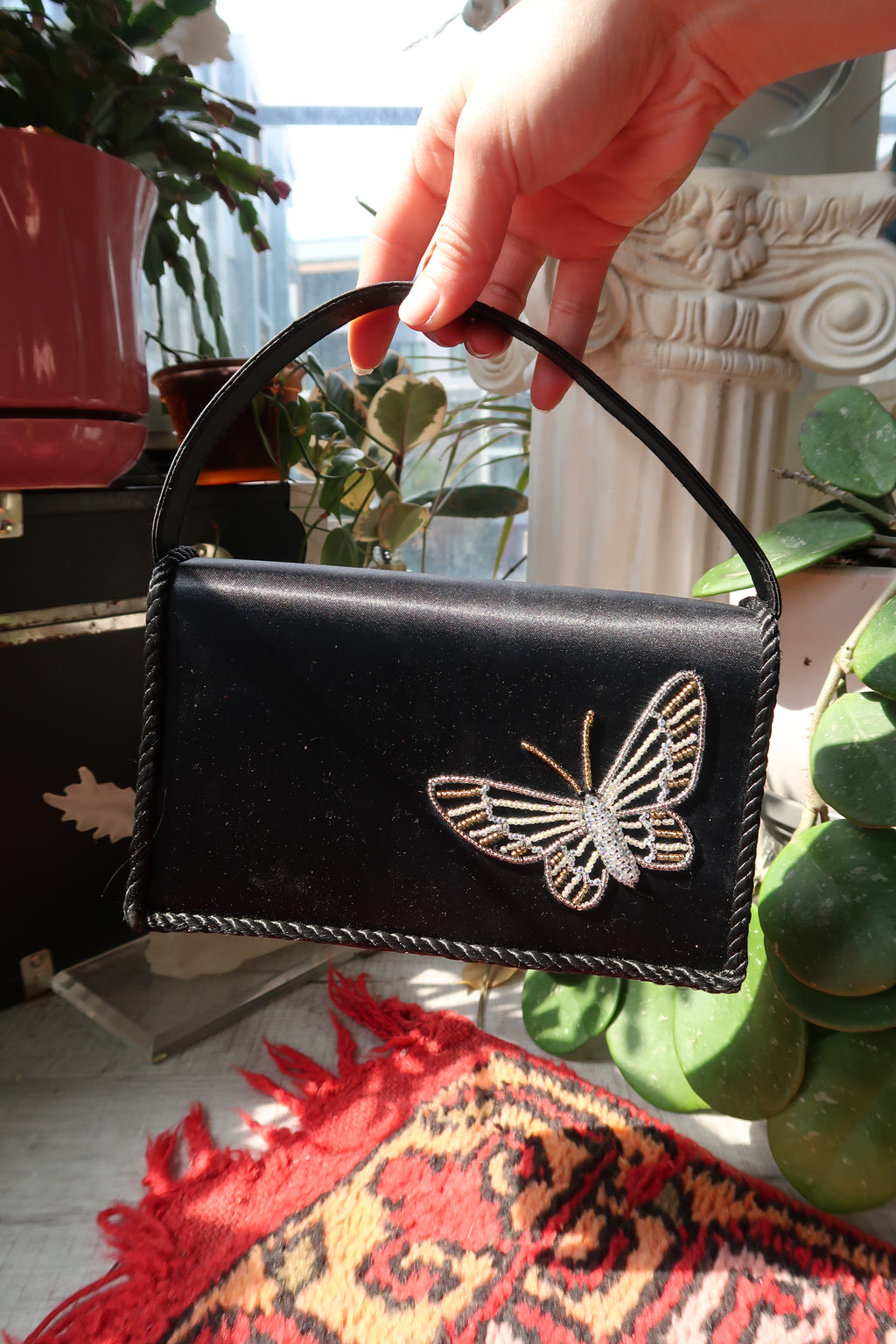 Vintage Black Satin Butterfly Beaded Bag