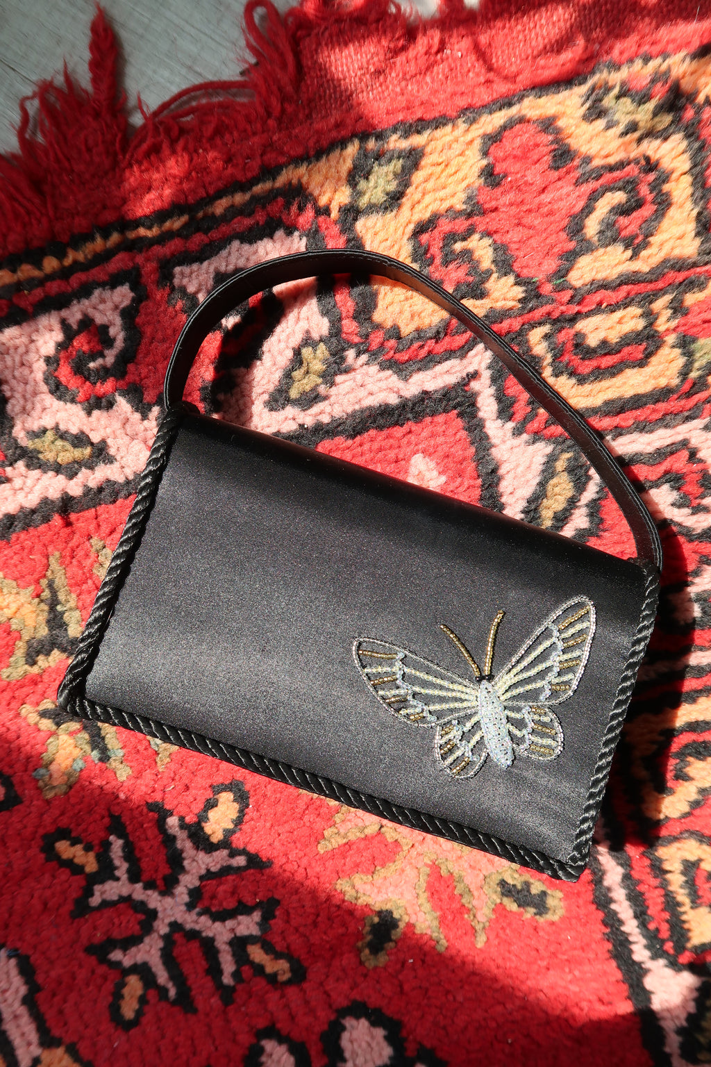 Vintage Black Satin Butterfly Beaded Bag