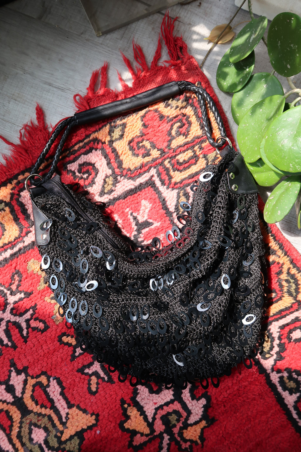 Vintage Black Sequin Crochet Shoulder Bag