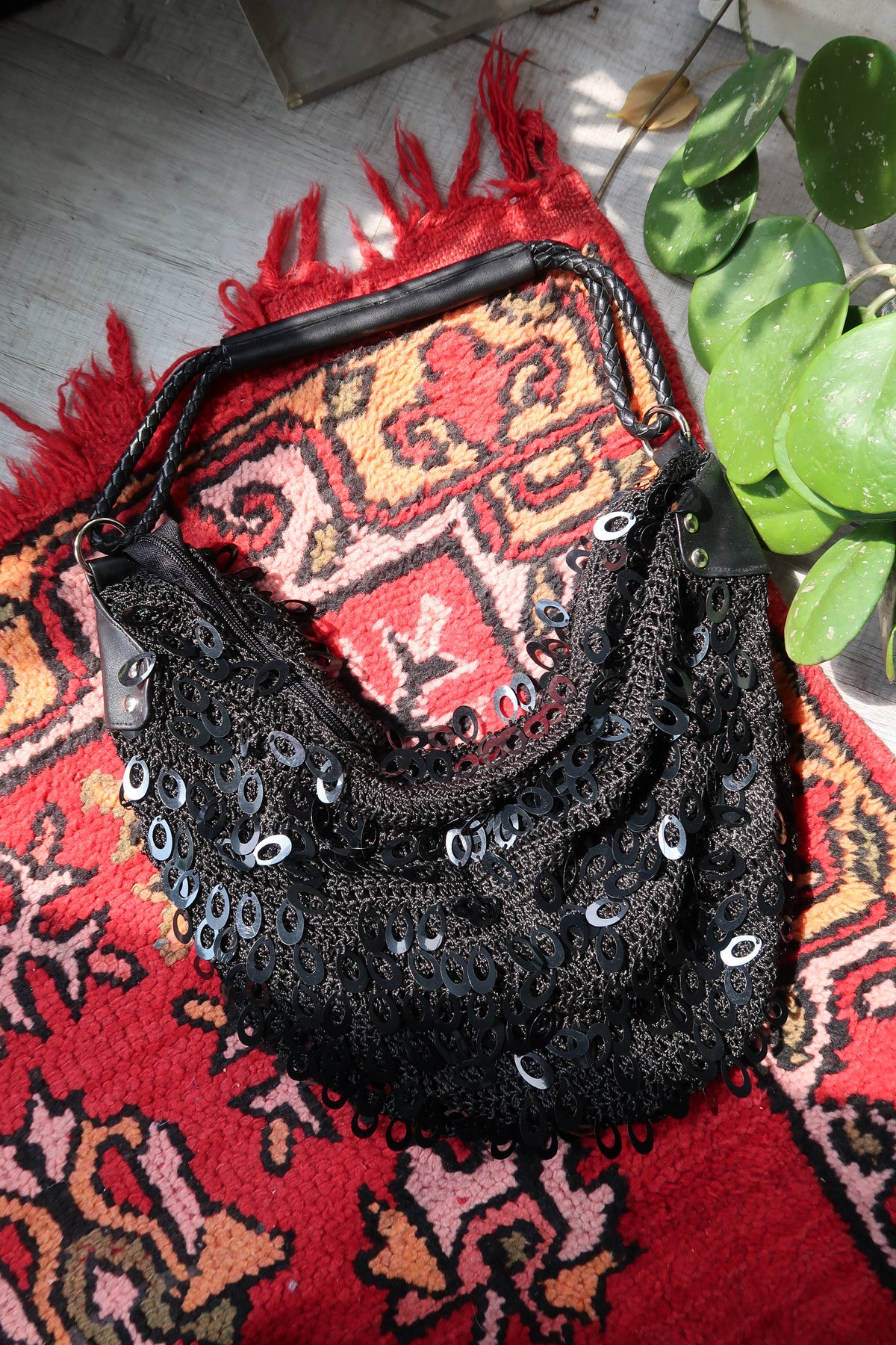 Vintage Black Sequin Crochet Shoulder Bag