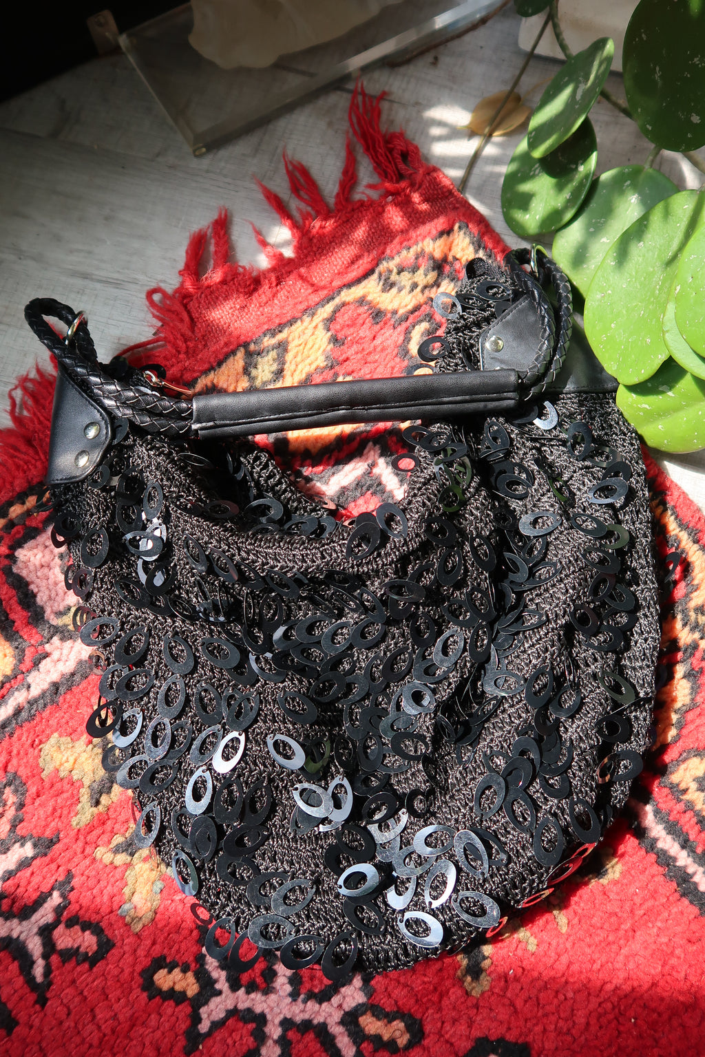 Vintage Black Sequin Crochet Shoulder Bag