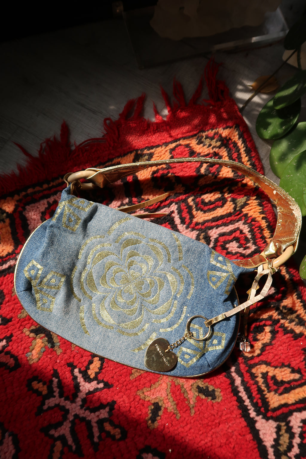 2000s Franco Sarto Gold Floral Denim Shoulder Bag