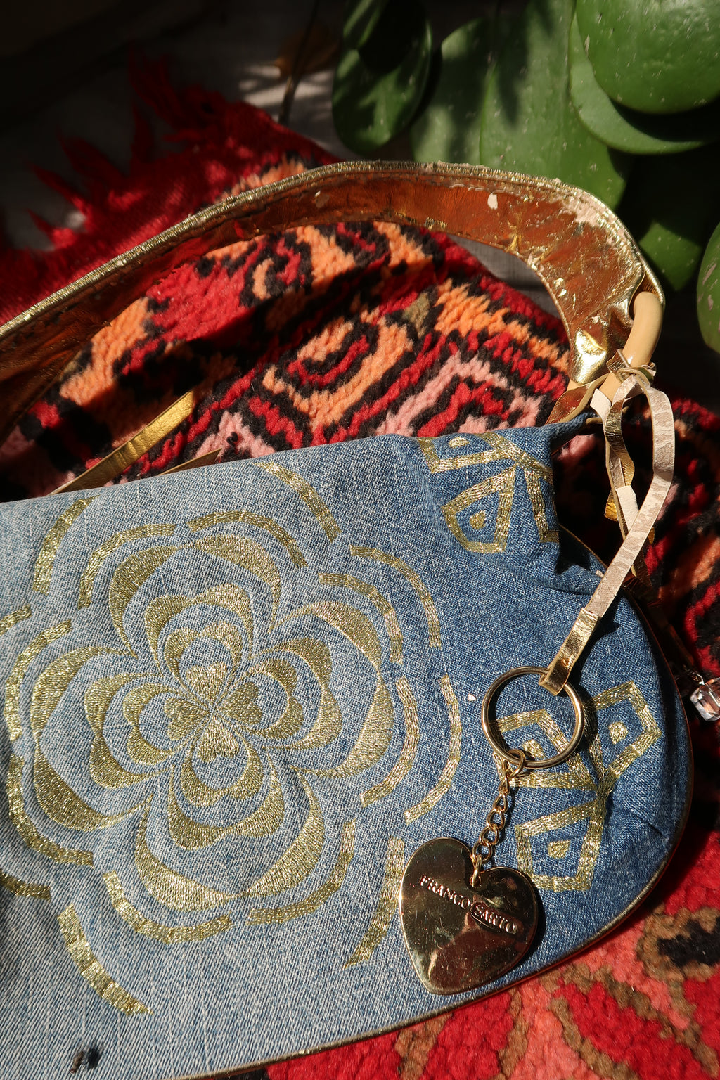 2000s Franco Sarto Gold Floral Denim Shoulder Bag