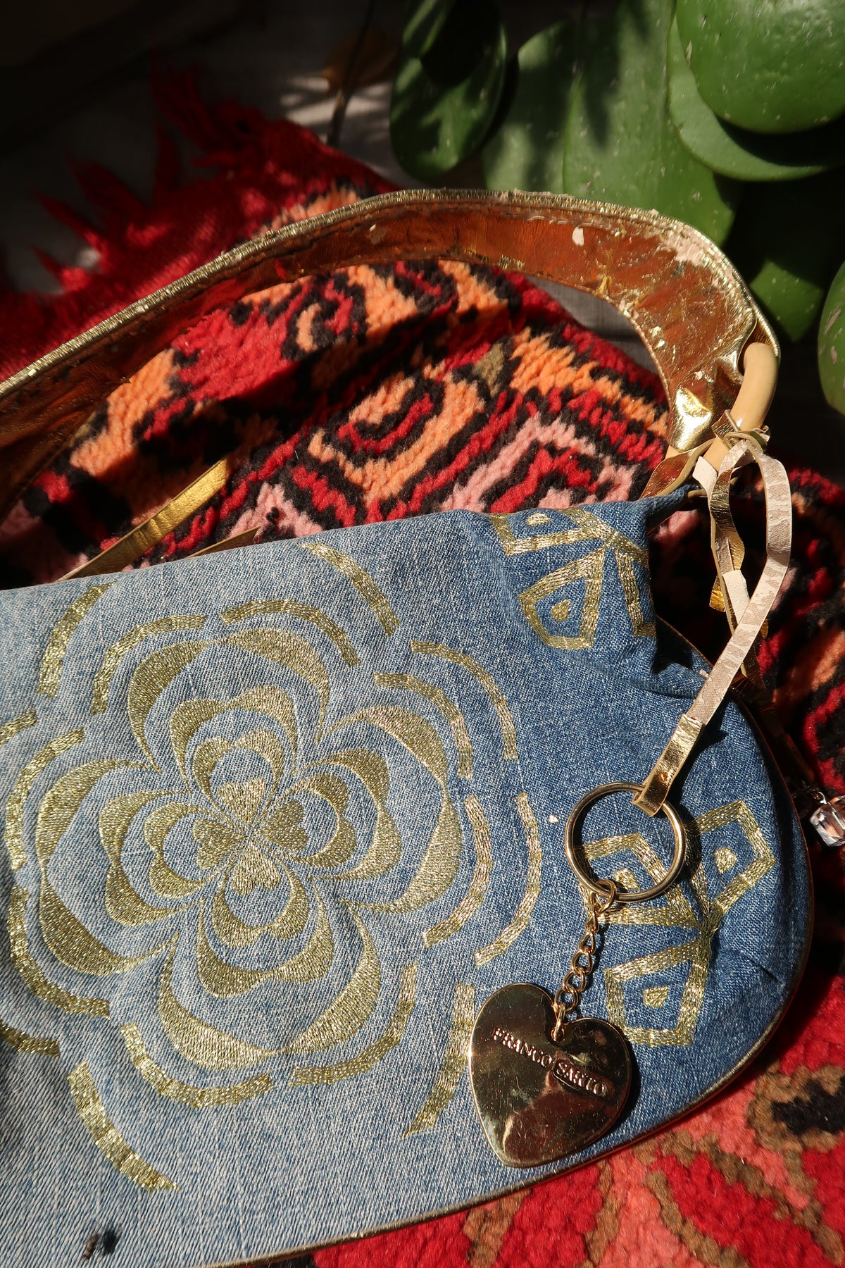 2000s Franco Sarto Gold Floral Denim Shoulder Bag