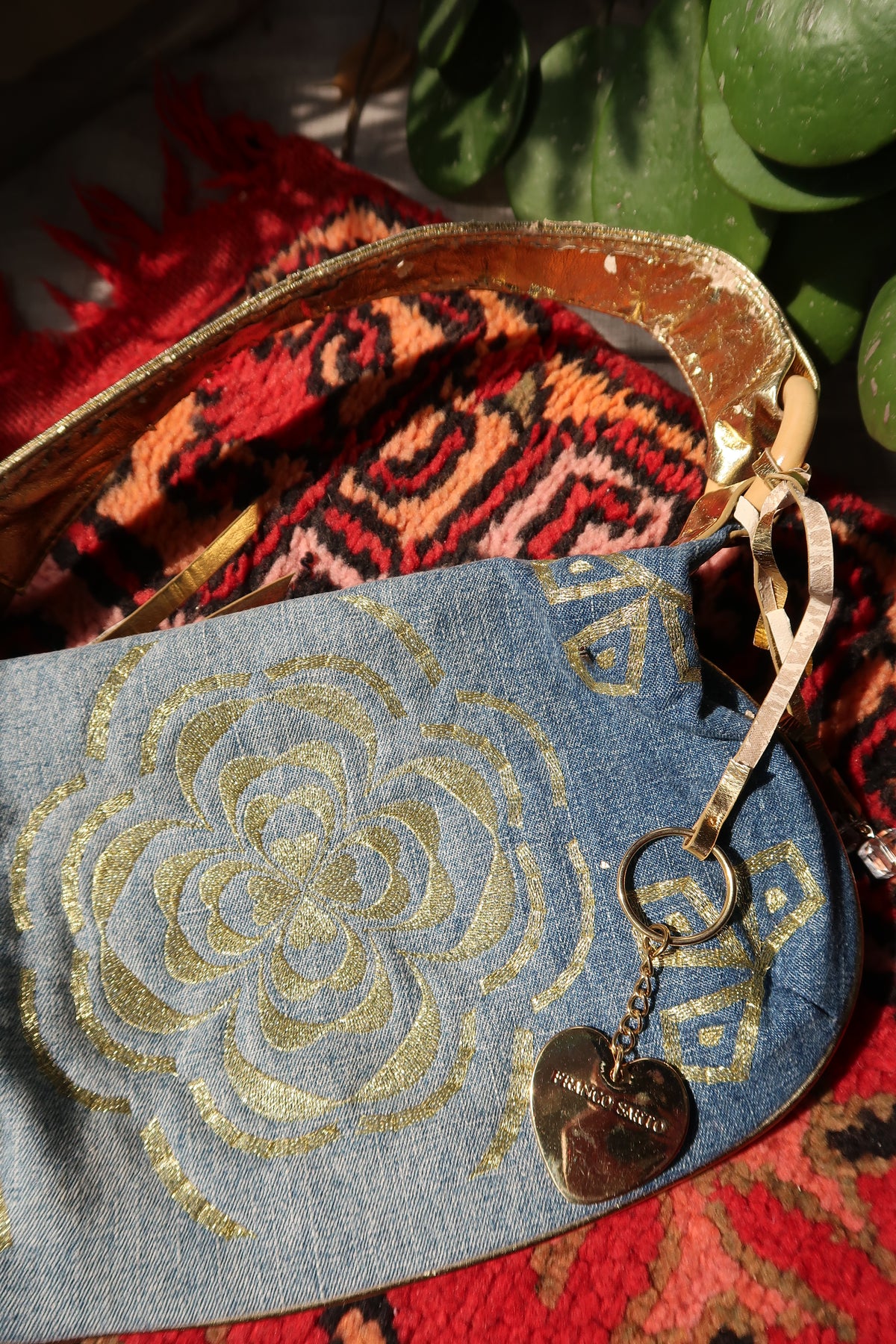 2000s Franco Sarto Gold Floral Denim Shoulder Bag