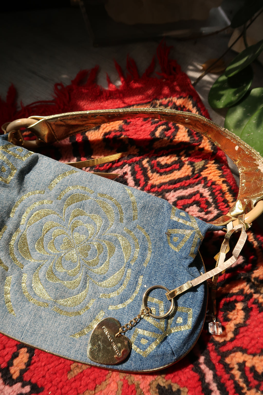 2000s Franco Sarto Gold Floral Denim Shoulder Bag