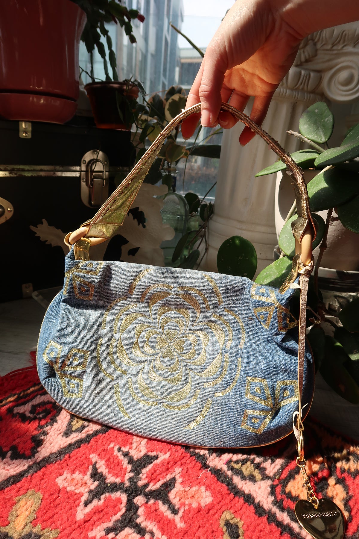 2000s Franco Sarto Gold Floral Denim Shoulder Bag