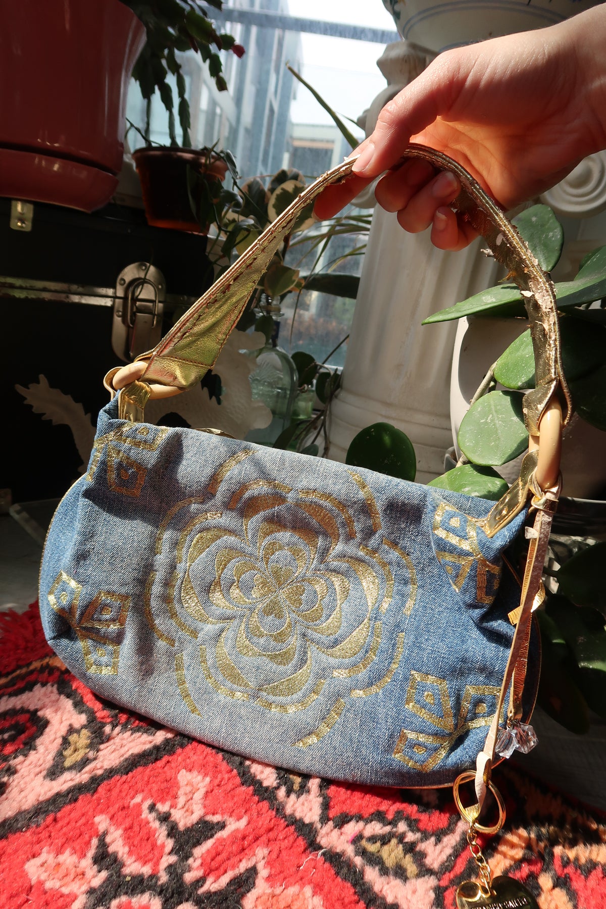 2000s Franco Sarto Gold Floral Denim Shoulder Bag