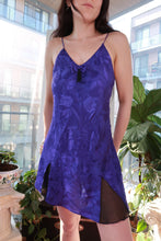 Load image into Gallery viewer, Vintage Victoria’s Secret purple satin slip dress by Elektra Vintage, Y2K floral jacquard mini lingerie dress, close-up of fabric and design
