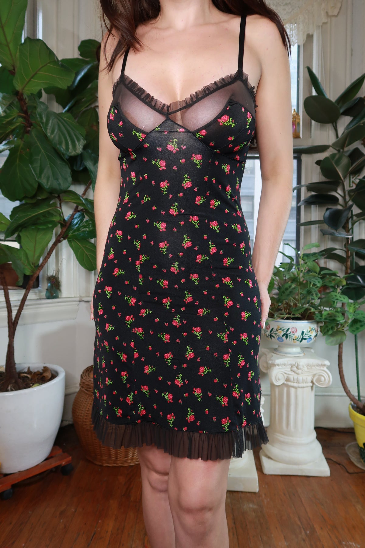 Vintage Y2K Victoria's Secret Black Rose Print Slip Dress
