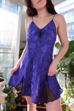 Load image into Gallery viewer, Vintage Victoria’s Secret purple satin slip dress by Elektra Vintage featuring Y2K floral jacquard mini lingerie dress style.
