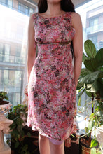 Load image into Gallery viewer, Vintage pink abstract floral sheath dress with waist belt from Elektra Vintage, showcasing a fitted silhouette and elegant design.
