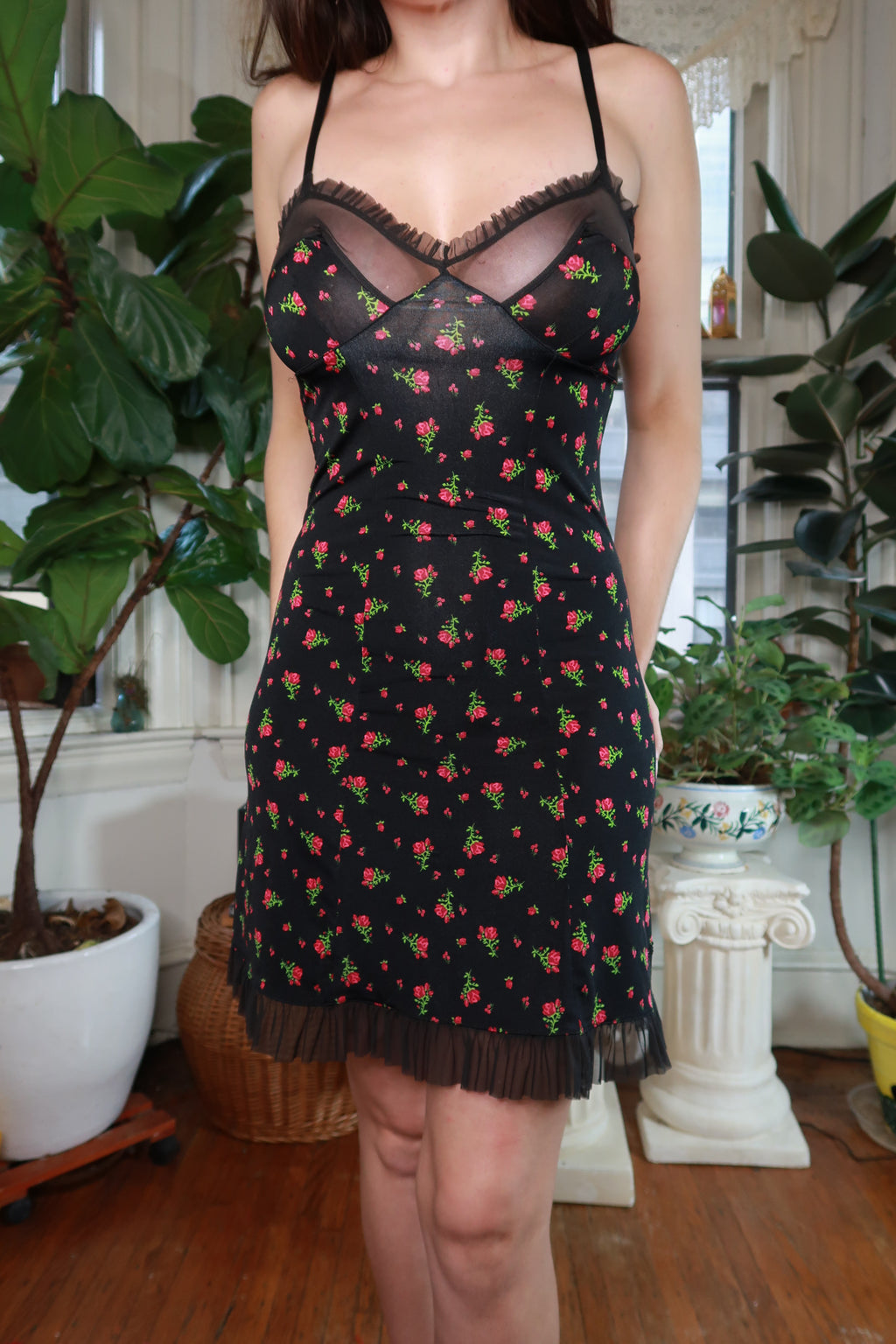 Vintage Y2K Victoria's Secret Black Rose Print Slip Dress