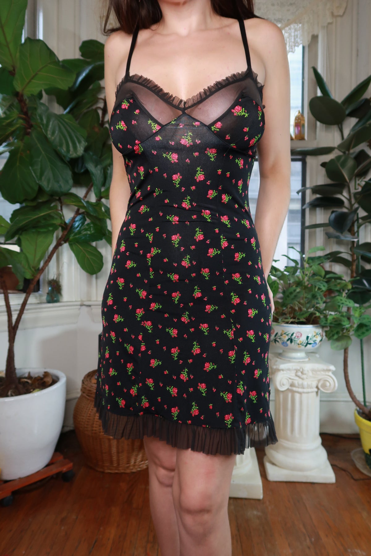 Vintage Y2K Victoria's Secret Black Rose Print Slip Dress