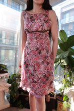 Load image into Gallery viewer, Vintage pink abstract floral sheath dress by Elektra Vintage with waist belt detail, close-up of the elegant, fitted dress design.

