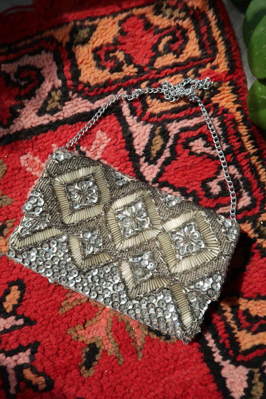 Vintage Hand Beaded Silver Clutch Bag