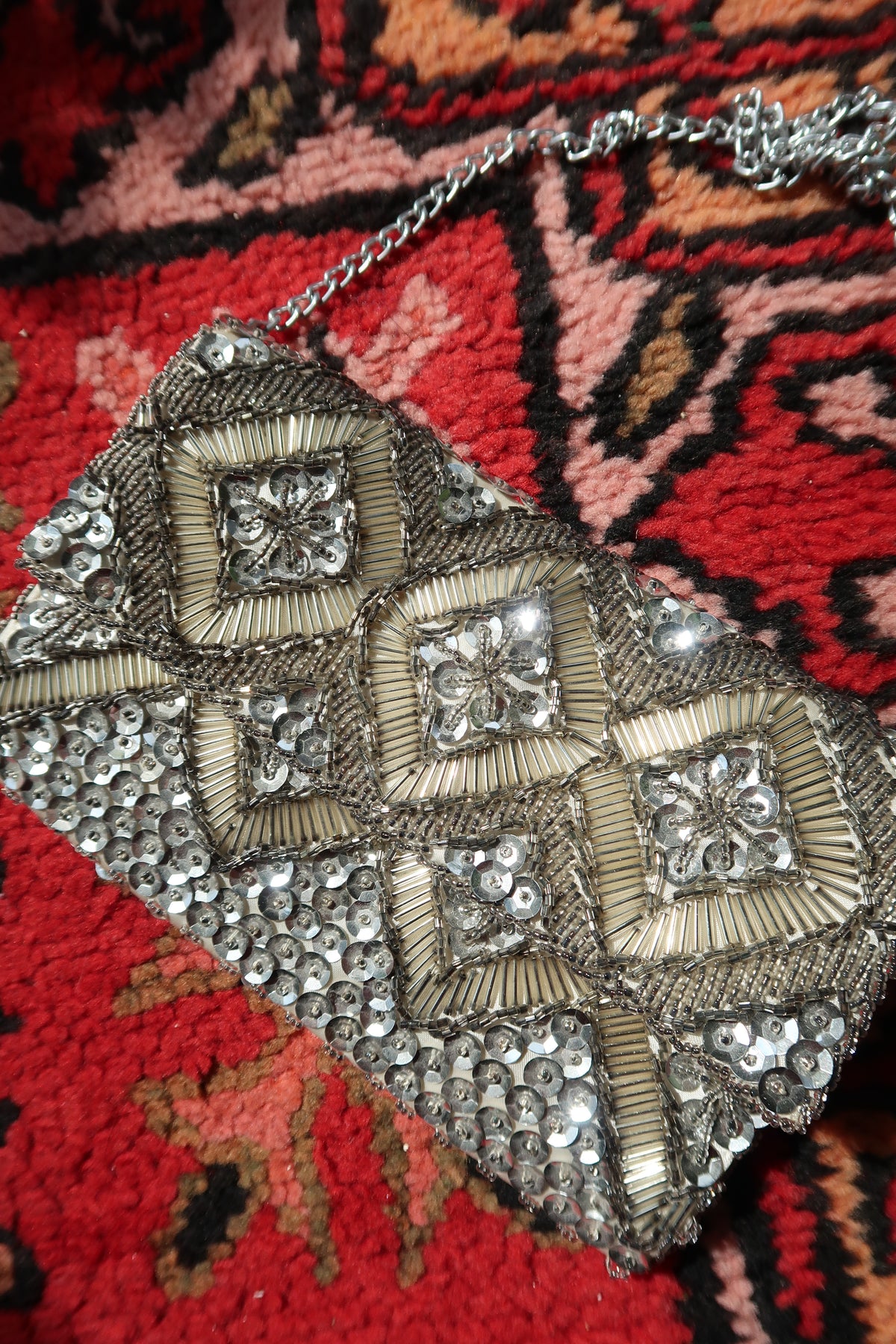 Vintage Hand Beaded Silver Clutch Bag