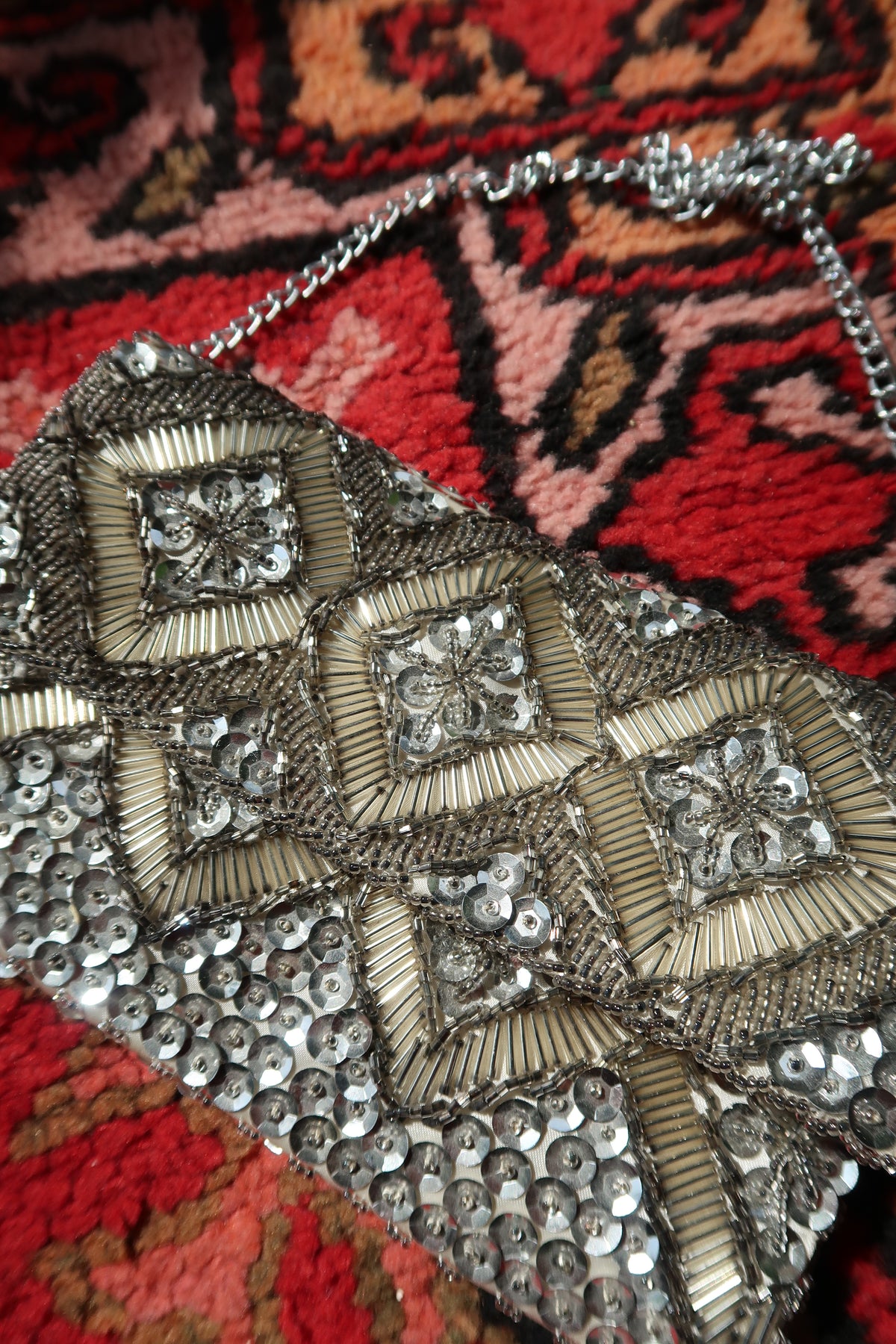 Vintage Hand Beaded Silver Clutch Bag