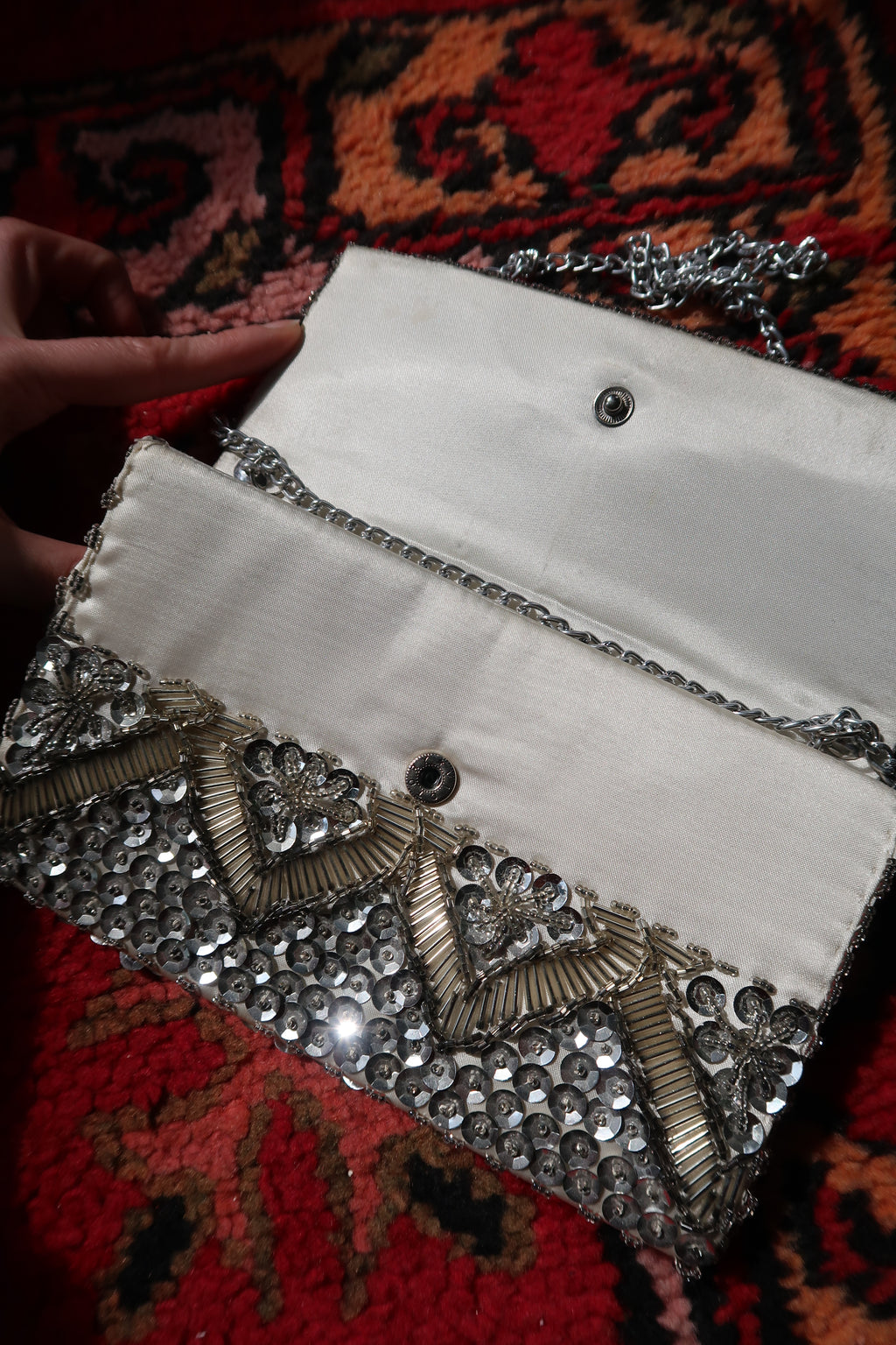 Vintage Hand Beaded Silver Clutch Bag
