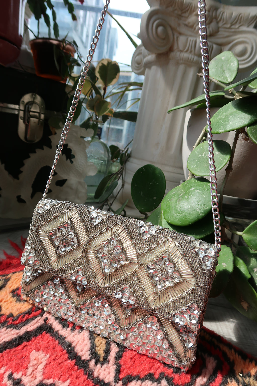 Vintage Hand Beaded Silver Clutch Bag