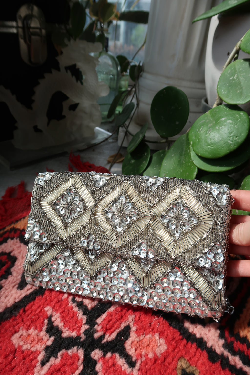 Vintage Hand Beaded Silver Clutch Bag