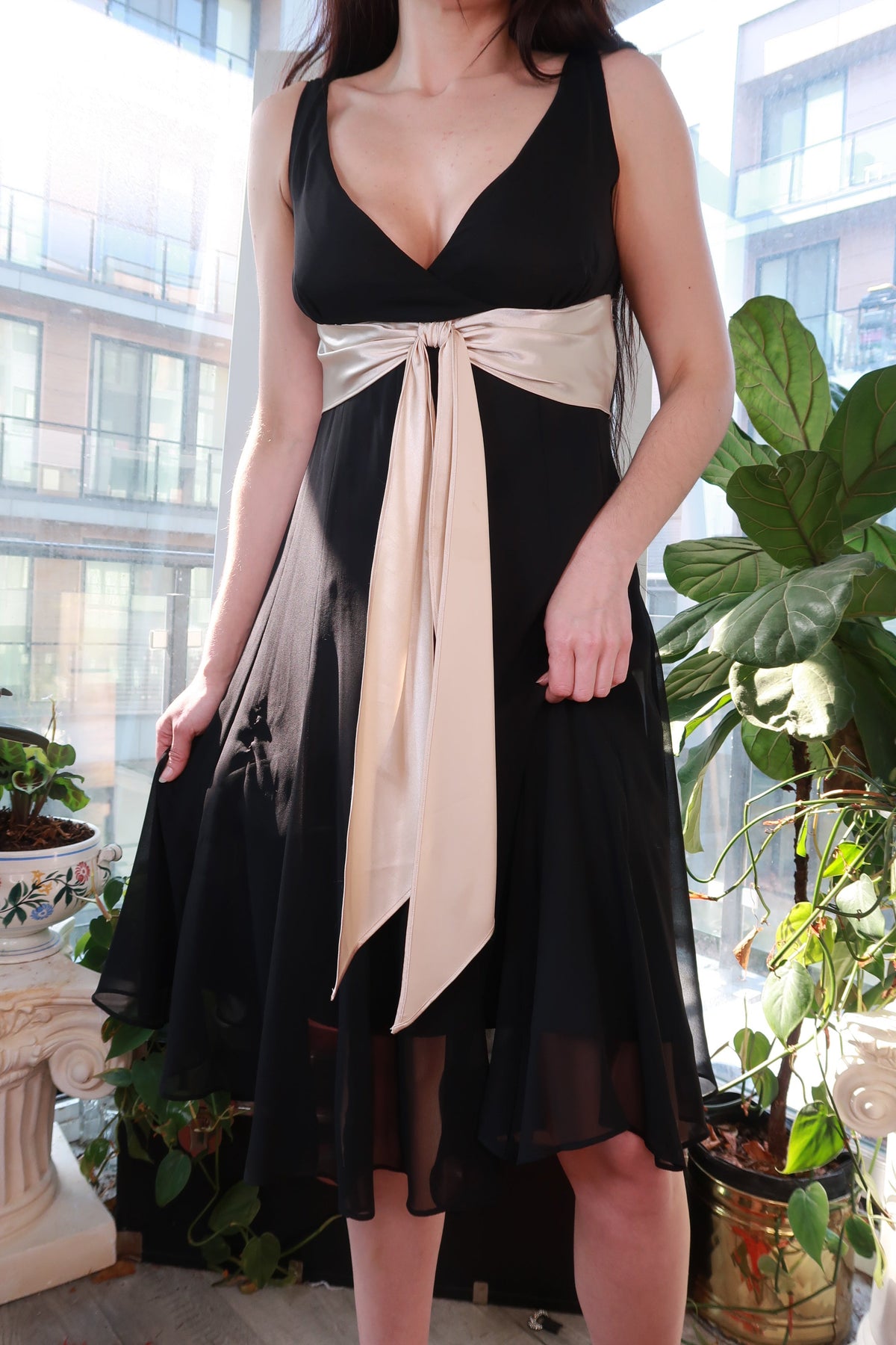 Vintage 2000s Black Chiffon Midi Dress with Champagne Satin Waist Tie