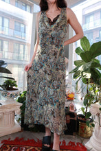 Load image into Gallery viewer, Elegant vintage 2000s silk paisley floral midi dress with boho cowl neck by Elektra Vintage, featuring a flowy, stylish silhouette.
