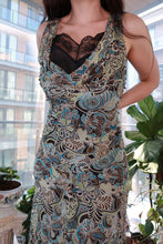 Load image into Gallery viewer, Vintage 2000s Elektra Vintage silk paisley floral midi dress with boho cowl neck and slip design, featuring a stylish retro look.
