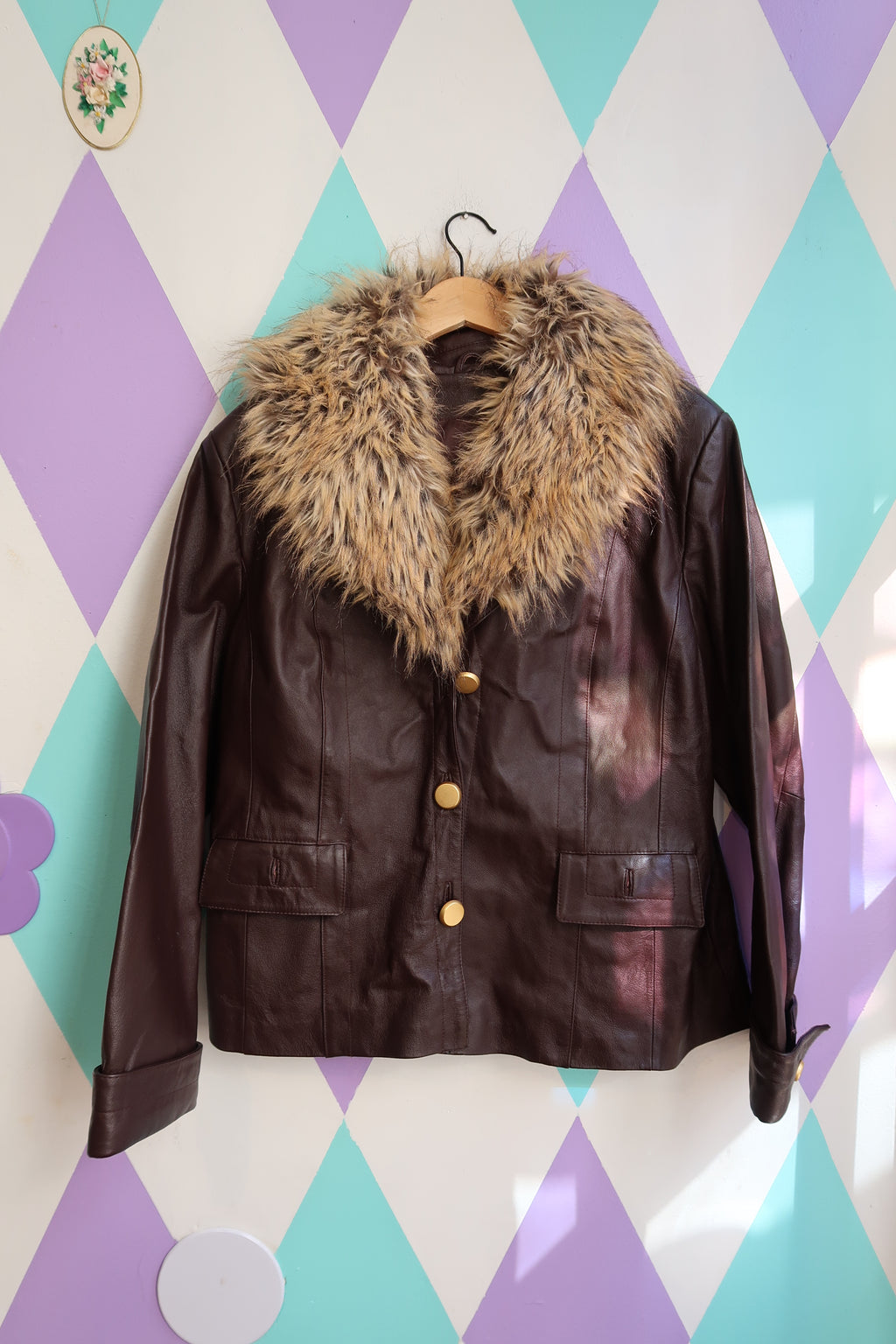 Vintage Leather Jacket with Faux Fur Collar