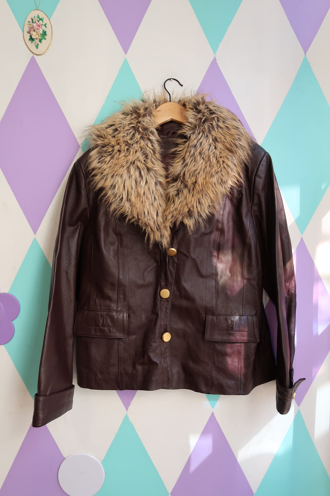Vintage Leather Jacket with Faux Fur Collar