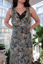 Load image into Gallery viewer, Vintage 2000s Elektra Vintage silk paisley floral midi dress with boho cowl neck and slip design, showcasing a flowy, elegant style.
