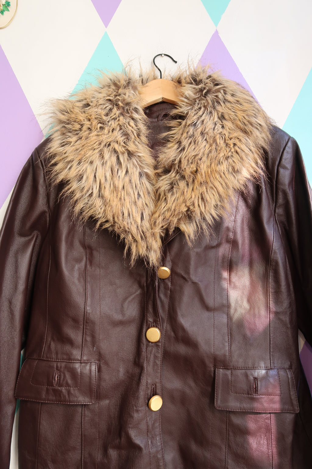 Vintage Leather Jacket with Faux Fur Collar