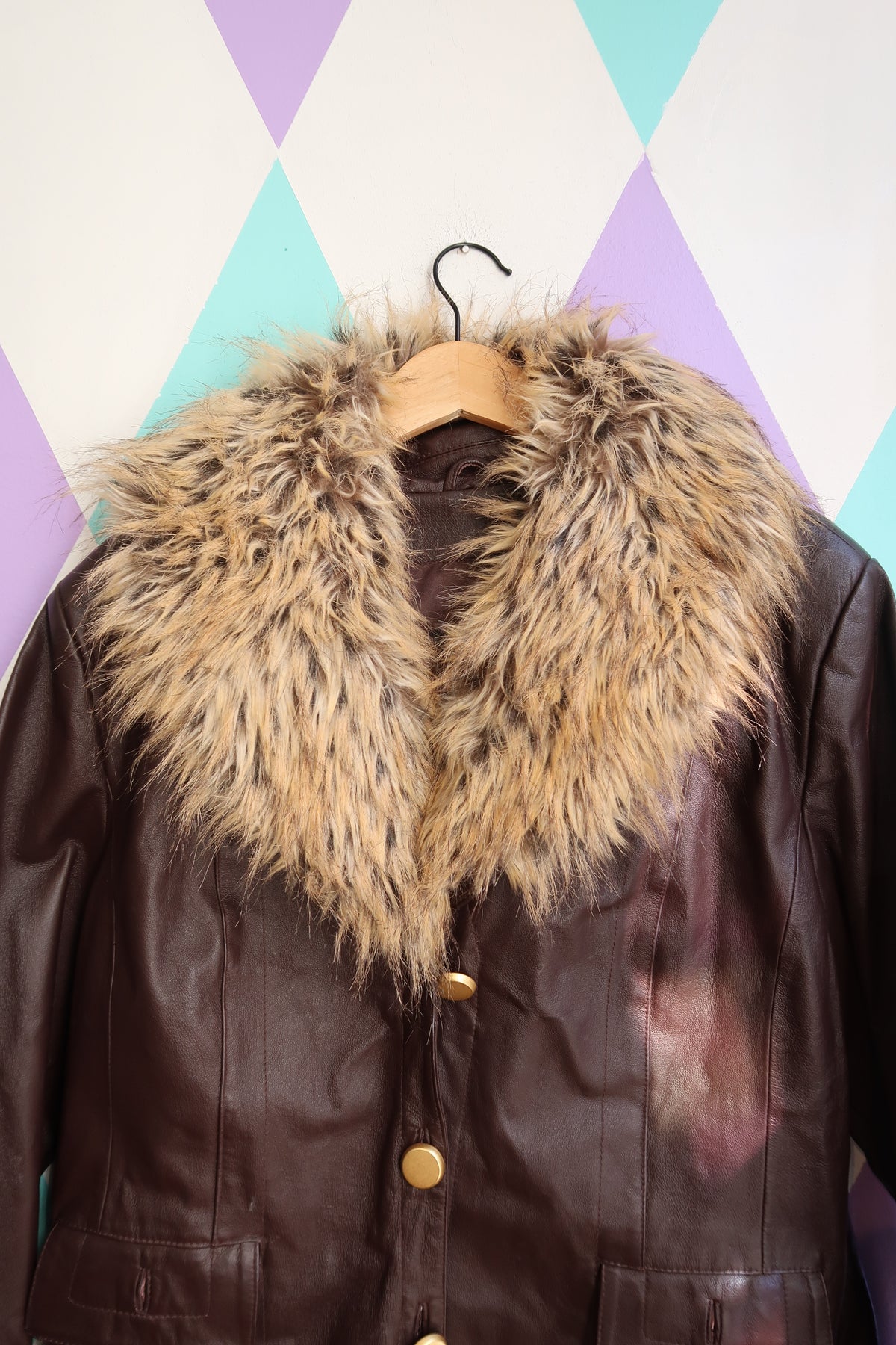Vintage Leather Jacket with Faux Fur Collar