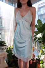 Load image into Gallery viewer, Vintage 2000s Victoria’s Secret lace slip dress in aqua satin, Y2K style, with delicate lace details and a fitted nightgown silhouette.
