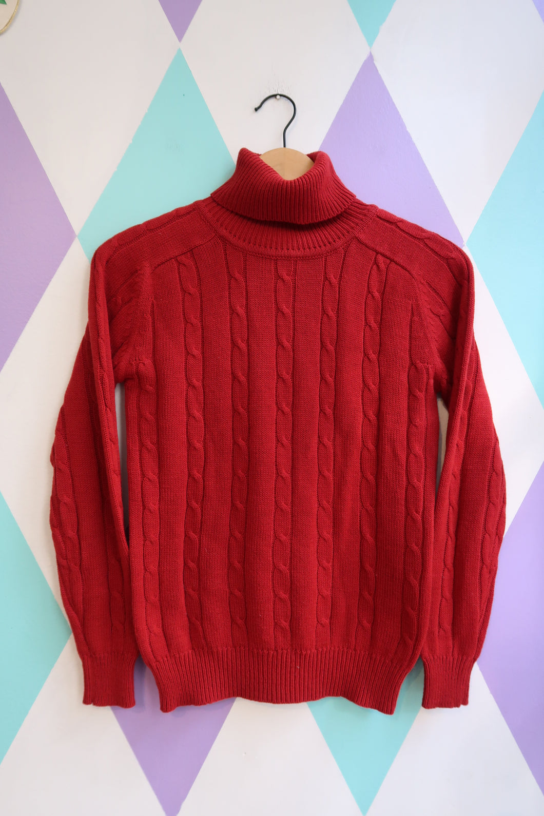 Vintage Red Cable Knit Turtleneck Sweater