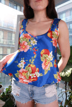 Load image into Gallery viewer, Vintage 2000s Victoria’s Secret blue satin floral cami top with Y2K fruit print, women's slip top by Elektra Vintage
