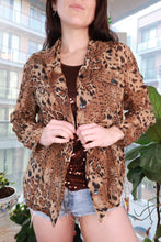 Load image into Gallery viewer, Vintage Elektra Vintage silk leopard print button-up blouse, women's Y2K animal print shirt with long sleeves and classic collar.
