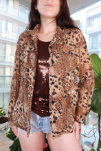 Load image into Gallery viewer, Women's vintage silk leopard print button-up blouse by Elektra Vintage featuring Y2K animal print style.
