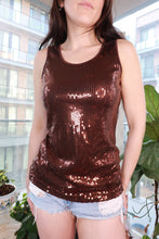 Load image into Gallery viewer, Vintage 2000s chocolate brown sequin tank top for women by Elektra Vintage, featuring glittery Y2K-inspired party style.
