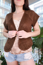 Load image into Gallery viewer, Women's vintage brown metallic knit cardigan with short sleeves, button front, Y2K shimmer style by Elektra Vintage.
