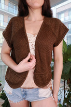 Load image into Gallery viewer, Women's vintage brown metallic knit cardigan with short sleeves and button front, 2000s Y2K style by Elektra Vintage.
