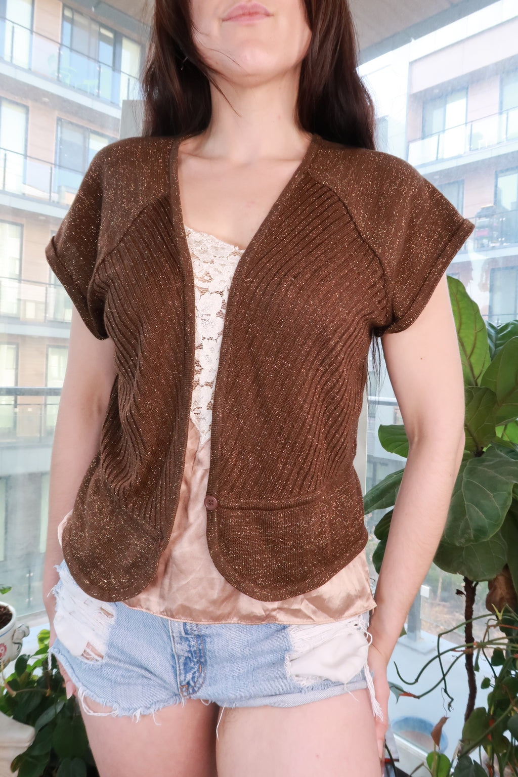 Brown metallic knit cardigan by Elektra Vintage, 2000s Y2K style with short sleeves and button front, shimmering vintage women's top.