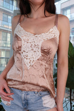 Load image into Gallery viewer, Women's vintage silk camisole top with lace panel in champagne bronze satin slip style from Elektra Vintage, featuring elegant fabric details.
