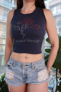 Women's vintage 2000s Fenwick Island DE rhinestone rose tank top by Elektra Vintage, Y2K cropped graphic ribbed tee.