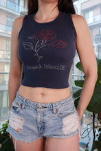Load image into Gallery viewer, Women's vintage 2000s Fenwick Island DE rhinestone rose tank top by Elektra Vintage, Y2K cropped graphic ribbed tee.
