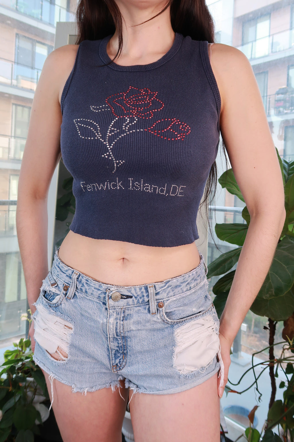 Vintage 2000s Elektra Vintage rhinestone rose tank top, Y2K cropped graphic ribbed tee, women's fashion top with floral design.