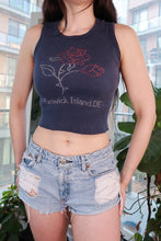 Load image into Gallery viewer, Vintage 2000s Elektra Vintage rhinestone rose tank top, Y2K cropped graphic ribbed tee, women's fashion top with floral design.
