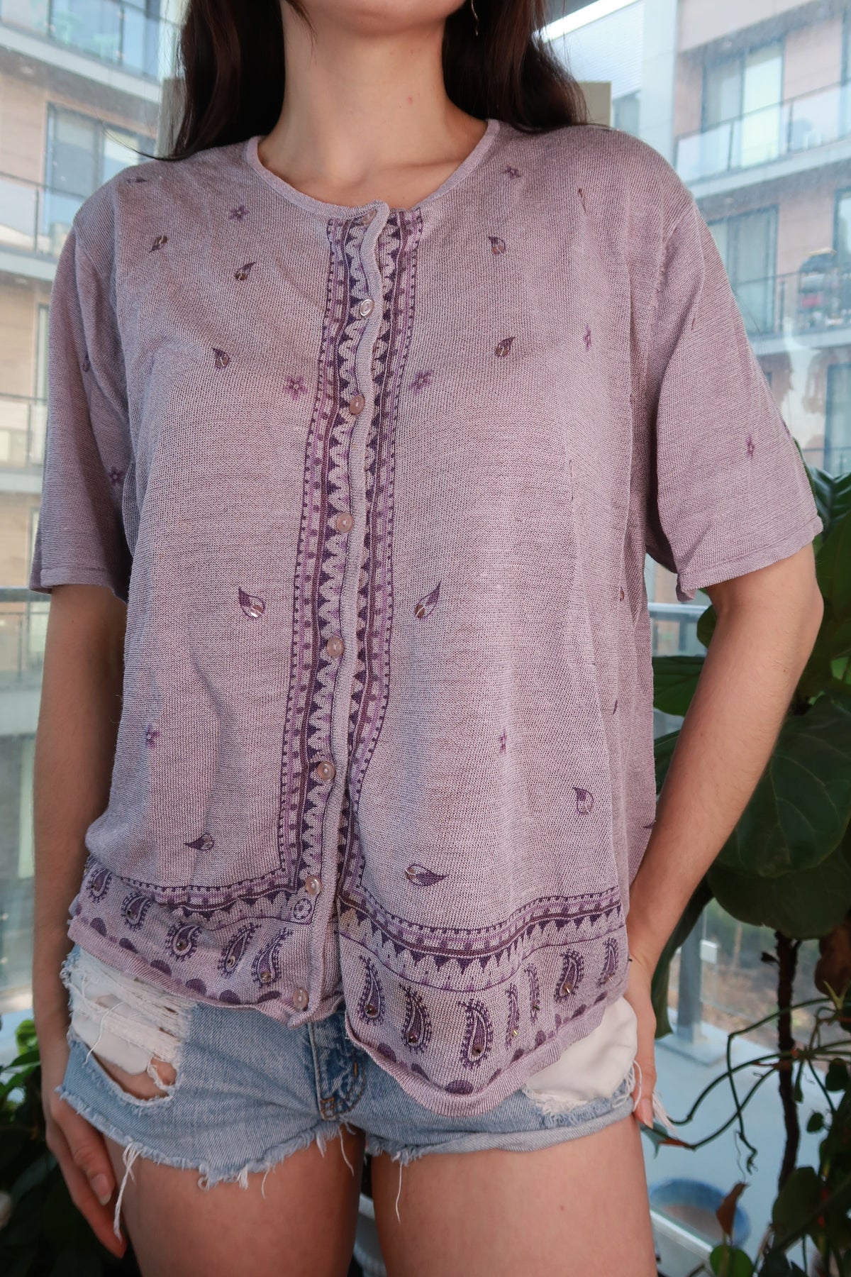 Vintage lavender paisley knit top by Elektra Vintage, women's boho button-front cardigan with soft, feminine style.