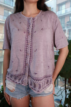 Load image into Gallery viewer, Vintage lavender paisley knit top by Elektra Vintage, women's boho button-front cardigan with soft, feminine style.
