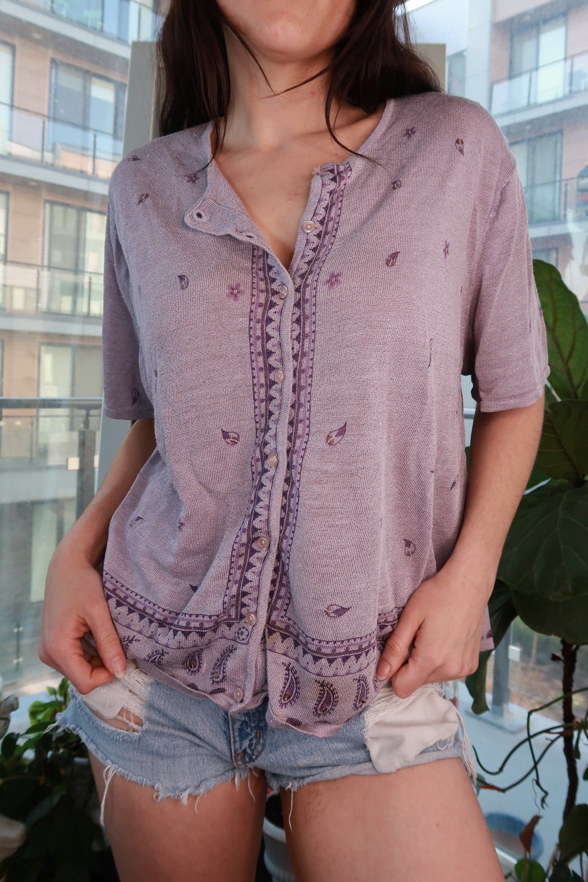 Vintage Lavender Paisley Button Front Knit Top – Soft Girl Boho Cardigan